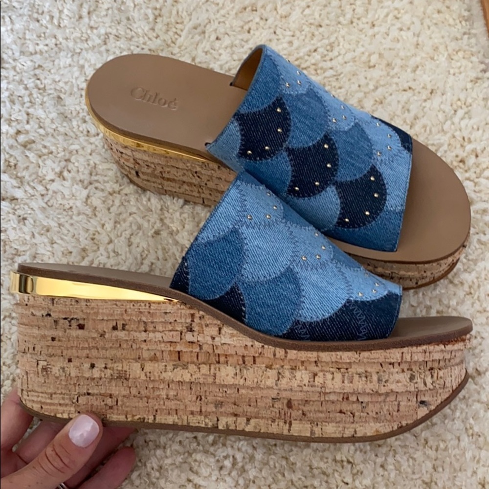 chloe 40 denim blue cork wedge espadrille block